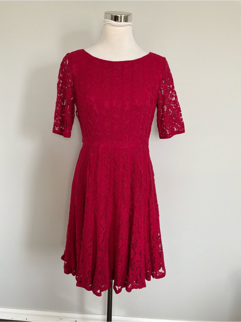 Adrianna Papell Deep Red Lined Lace Dress Faux Boning Fit&Flare Midi Dress NWT 6